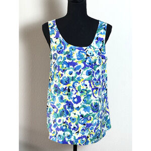 American First Issue Design Women's 100% Silk Top‎ Blue Green Yellow Size M